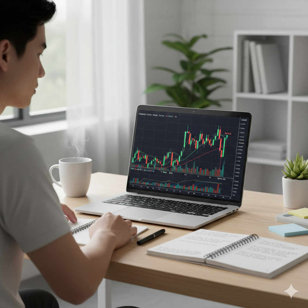 Gemini_Generated_Image_bn2bfebn2bfebn2b Beginner learning to read forex candlestick charts and understand market trends.