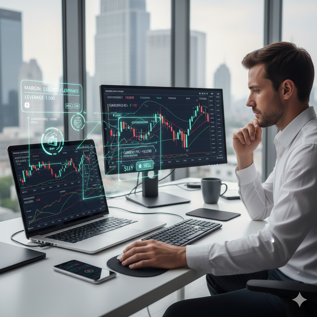 Forex trader checking margin and leverage on laptop and smartphone with digital charts.
