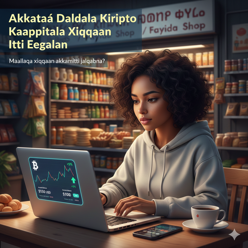 Gemini_Generated_Image_u2le6fu2le6fu2le Feature image showing a beginner starting crypto trading with small capital on a laptop