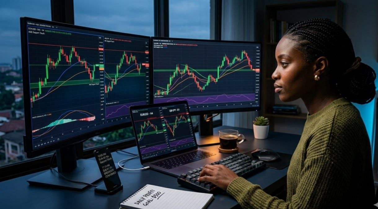 Advantages and Disadvantages of Forex Indicators Forex trading chart with MACD RSI and Moving Average indicators on a professional trading setup
