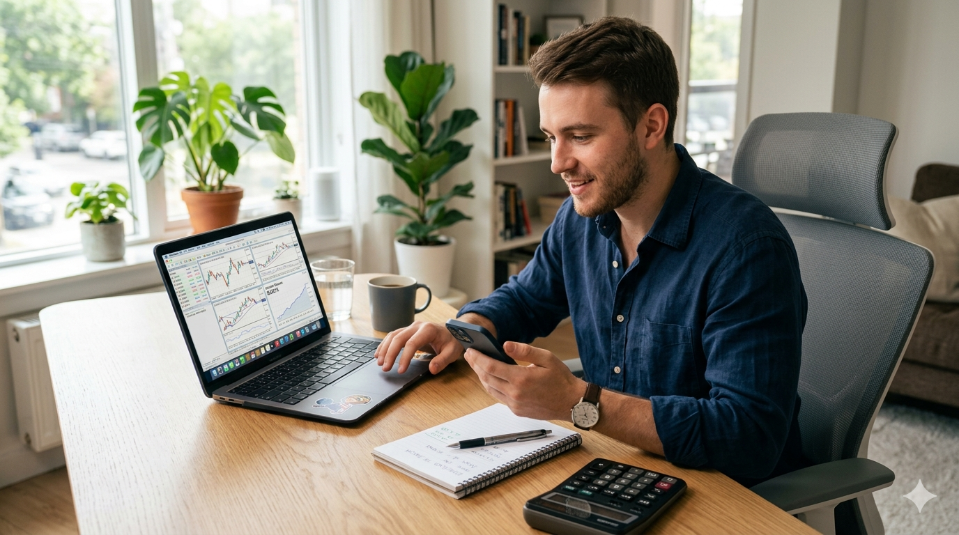 Gemini_Generated_Image_arxbfaarxbfaarxb Beginner forex trader starting with small capital and analyzing charts for steady account growth