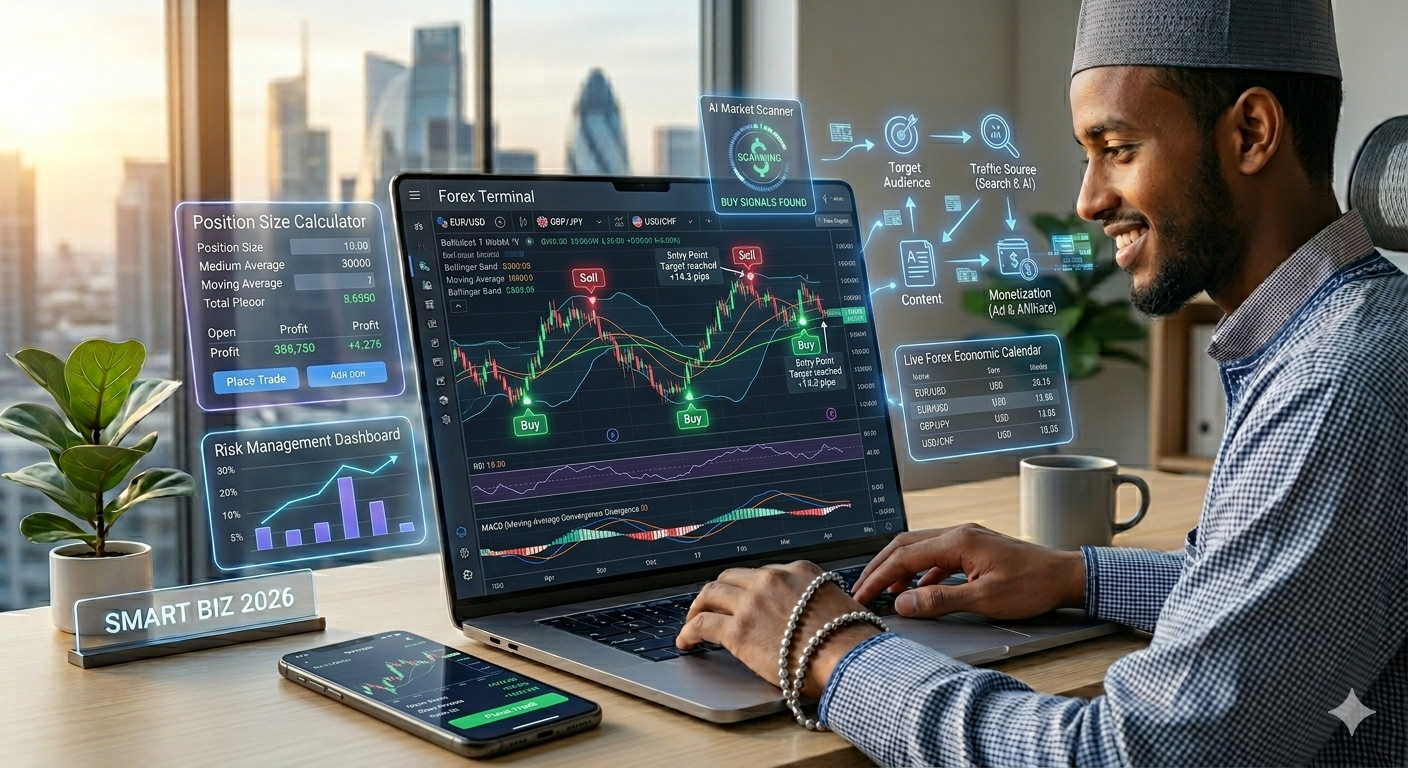 Top 5 Forex Indicators for Beginners (Simple & Profitable 2026) Forex trading chart with Moving Average, RSI, MACD, and Bollinger Bands indicators showing buy and sell signals
