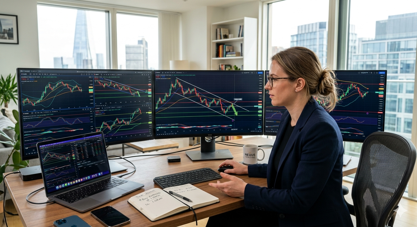 Gemini_Generated_Image_kkbq2hkkbq2hkkbq Professional trader analyzing forex charts with candlestick patterns and trend lines to make informed trading decisions