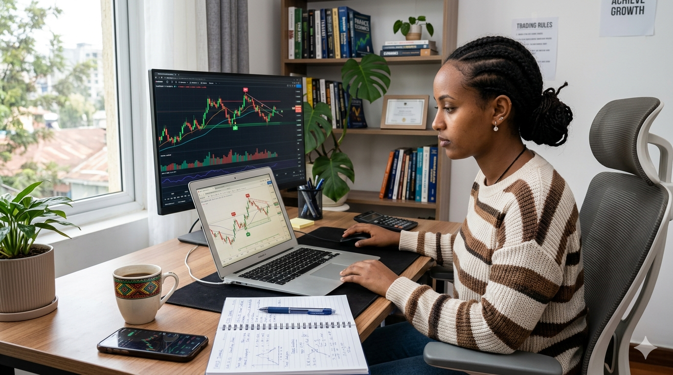 forex-trading-beginner-ethiopia.jpg Beginner forex trader in Ethiopia learning online trading with charts on laptop and financial growth concept