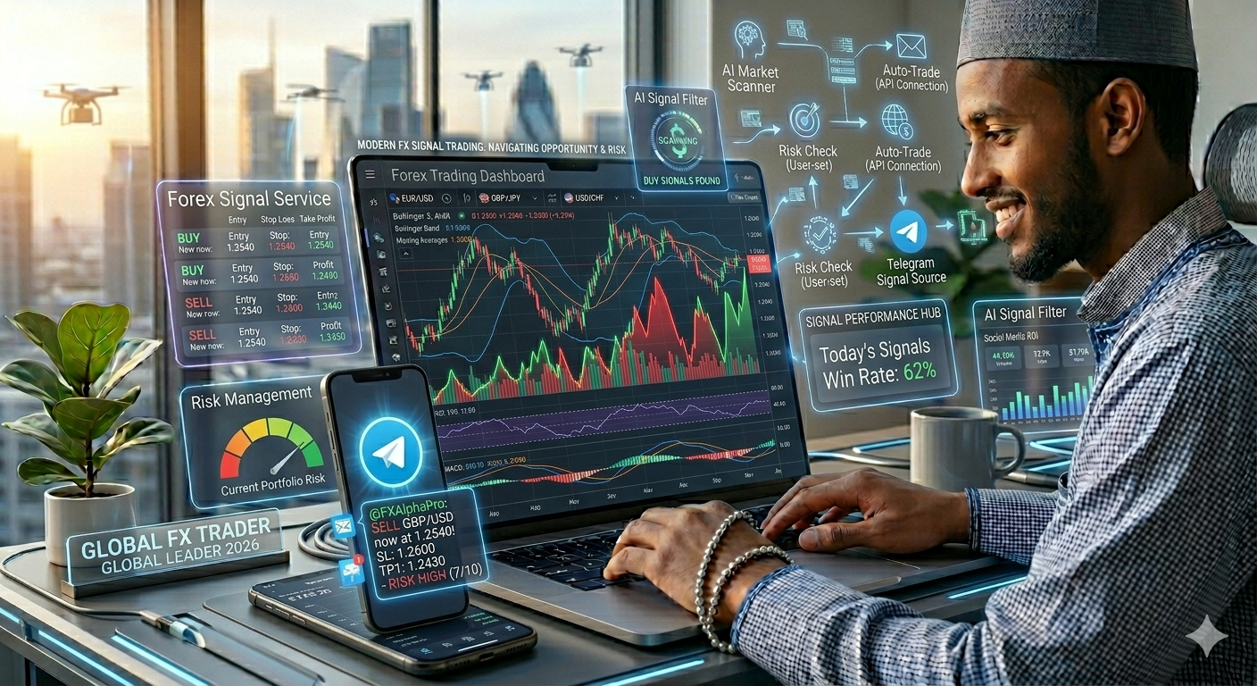 Forex Signals Guide 2026 – Benefits and Risks Explained Forex trading signals on mobile phone with buy and sell alerts and chart analysis on laptop screen