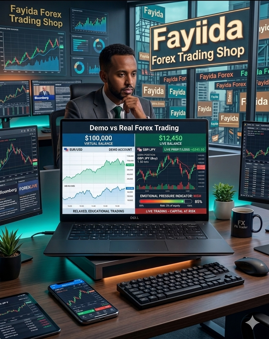 Demo vs Real Forex Account Transition Guide (2026) Forex trading demo account vs real account comparison on laptop showing profit, loss, and trading psychology