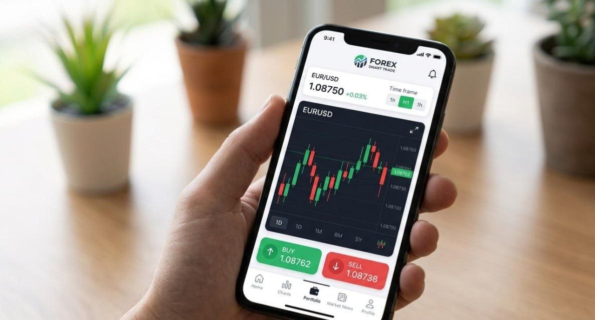 modern smartphone showing forex trading chart interface, green and red candlesticks, clean UI, beginner friendly design, realistic lighting with Best Forex Trading Apps for Beginners