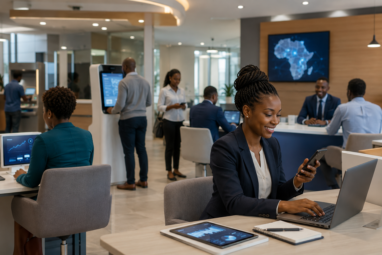 african-banks-growth-financial-sector African banking professionals using digital financial technology and modern banking services