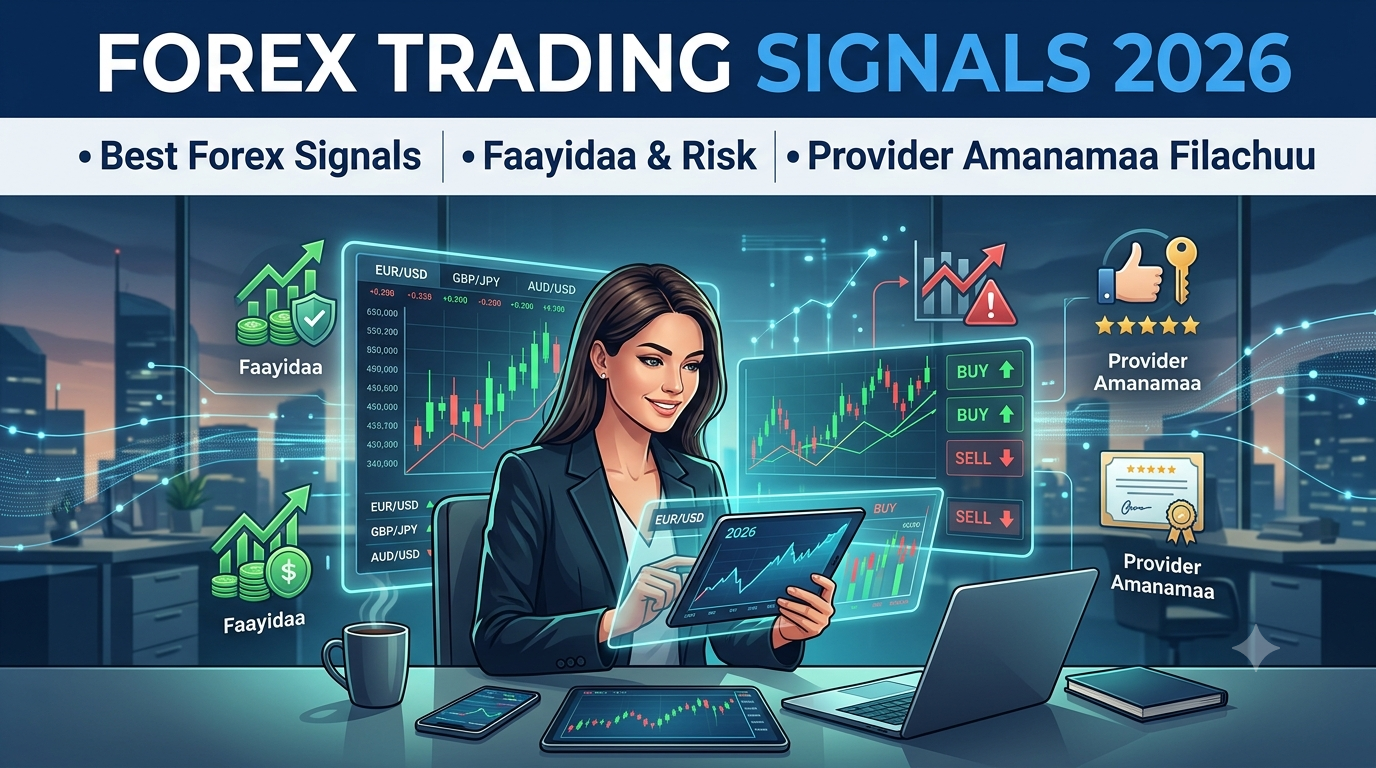Forex Trading Signals 2026 Fakkii mul’ataa dhiyeessii gabaa Forex (Forex Trading) kan gabaasni mata duree “Forex Trading Signals 2026” jedhu barreeffame. Fakkichi dubartii daldaltuu (trader) takka hojii irra osoo jirtuu fi chaartota daldalaa dijitaalaa afur argisiisa.