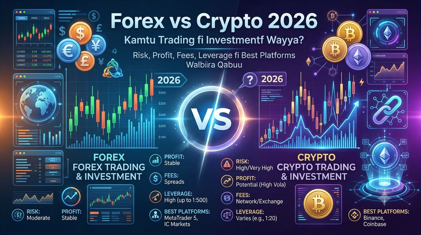 Forex vs Crypto 2026: Kamtu Trading fi Investmentf Wayya? A comparison infographic titled 'Forex vs Crypto 2026' with charts, currency symbols (Forex) and coins (Crypto), separated by a central 'VS'. The left highlights Forex with stable profit and high leverage; the right features Crypto with higher risk, volatility, and varying leverage. A list of platforms is provided for both markets.